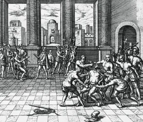 Inca Emperor Atahualpa being garroted by Pizarro