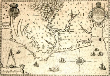 Map of 1590 engraved by Theodore de Bry after watercolour by the English colonist John White, governor of Roanoke. Virginia and coast with small islands and Roanoke at mouth of river. Secotan and Weapemeoc native lands