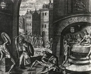 Priest kills victim of fake fight and then skins body, Mexico, engraving from Peregrinationes, by Theodor de Bry