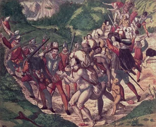 The Cruelty of Petrus de Calyce: Indian slaves in Peru ill-treated by Spanish soldiers (engraving)