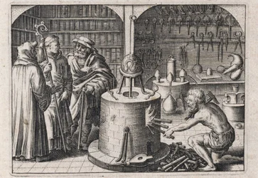Three Scholars Conversing in the Alchemy Workshop, with Furnace and Instruments