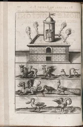 An Alchemy Furnace and Symbolic Animals of Alchemy (Engraving by Theodore de Bry)
