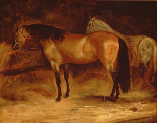 A Bay Horse at a Manger, with a Grey Horse in a Rug