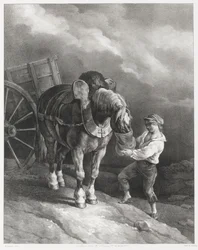 A Boy Giving Oats to a Hitched Horse