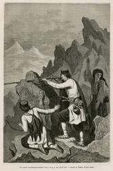 The Montenegrin soldiers during the action, during the War of 1876, during which Serbia and Montenegro declared war on Ottoman Turkey, drawing by Valerio, to illustrate the journey to Montenegro in 1874 by Charles Yriarte (1832-1898). Engraving in "Le