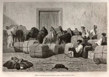 Turkish Caravans Arriving at Sebenico Customs (Serbia) (engraving after the drawing of Theodore Valerio, to illustrate a story)
