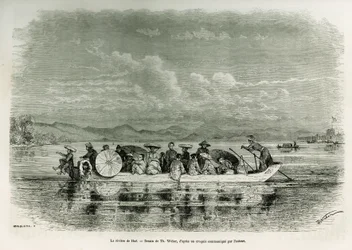 A boat on the river of Hue (Vietnam) (drawing by Th. Weber, to illustrate the story of eight days of embassy in Hue (Kingdom of Annam), 1875, by Mr. Brossard de Corbigny, lieutenant (N), attached to the mission. Engraving in 