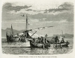 Sponge fishermen in the Gulf of Nafplio (drawing of Th. Weber, to illustrate the story of a trip to Greece in 1861, 1868 and 1874 by Henri Belle. Engraving in 