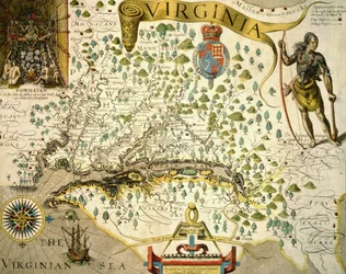 Map of Virginia, showing in upper left hand a picture of Chief Powhatan by John Smith, 1624