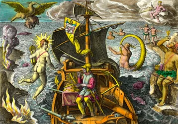 Allegory on the voyages of the navigator Fernand de Magellan, depicted on his ship using an armillary sphere and surrounded by mythological characters and fantastic animals. Engraving from 