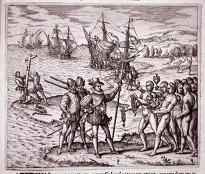 Arrival of Christopher Columbus on the island of Hispaniola in the West Indies (Engraving)