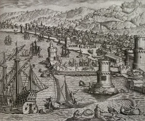 Arrival of Girolamo Benzoni in the port of Las Palmas during his trip to the Americas, engraving by Theodor de Bry