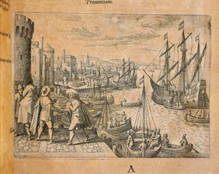 Caravels Leaving for the New World, Spain, engraving by Theodor de Bry