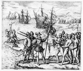Christopher Columbus (1451-1506) receiving gifts from the cacique, Guacanagari, in Hispaniola (Haiti) from 