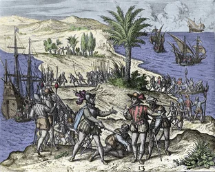 Christopher Columbus and his brother were arrested by Francisco de Bobadilla in 1500. Engraving by Théodore de Bry (1528-1598)