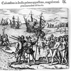 Christopher Columbus arrives in the West Indies. Engraving by Theodore de Bry in 