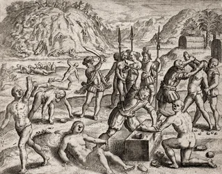 Description of crimes inflicted on Indians by Spanish settlers - Conquistadors massacring an Indian village. Amputations of hands - Engraving by Theodore de Bry in 