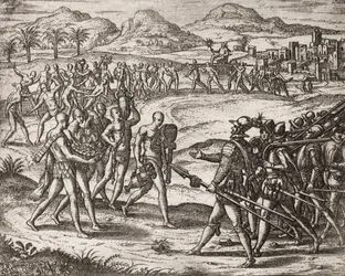 Description of crimes inflicted on Indians by Spanish settlers - Indians bringing gifts and gold to the Conquistadors - Engraving by Theodore de Bry in 