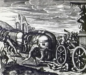 Devotees being crushed by chariot during procession of idol, engraving by Theodor de Bry
