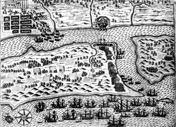 Drake captures the boat “Saint Augustin”, in 1586, by De Bry