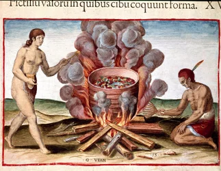 History of America: Indian cooking fish. Engraving from Admirante Narratio Americae by Theodore de Bry (1528-1598)