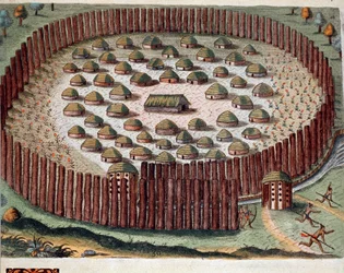 History of America: Representation of an Indian village fortifies in Florida. Engraving from 