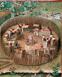 History of America: Representation of the fortified city Pomeiock or Pomeiooc in Virginia in 1585. Engraving from Admirante Narratio Americae by Theodore de Bry (1528-1598)