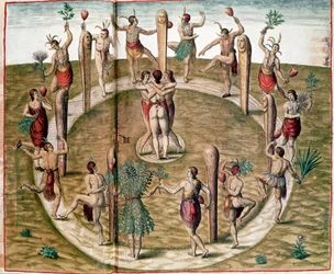 History of America: Ritual Dance to Celebrate Friendship. Engraving by Theodore de Bry (1528-1598). 16th century Vincennes, Historical Museum of the Navy