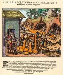 History of America: Spaniards exploit gold mines. The Indians work before the eyes of the settlers. Engraving by Theodore de Bry (1528-1598). 16th century Private collection