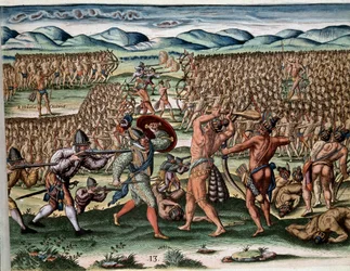 History of America: The soldiers of Chief Outina (or Olata Utina) fighting, using the French of the expedition of Jean Ribault (or Ribaut), the enemy tribes of Potanou. Engraving from Admirante Narratio Americae (History of the Americas) by Theodore de Bry
