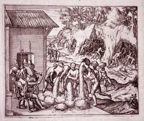 History of America: the Spanish exploit the gold mines (Engraving)
