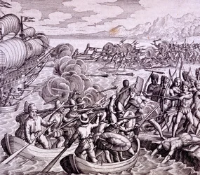 How the Spanish landed in the Island of Haiti, with 400 men which led to a great battle with the natives, illustration from 