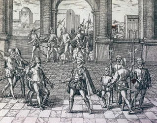 Inca Emperor Atahualpa being taken prisoner by Spaniards in Cajamarca, Peru, engraving from American History