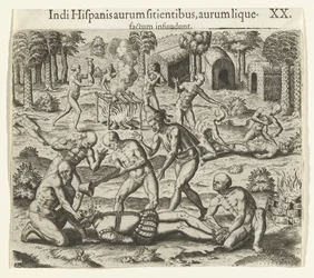 Indians pour liquid gold into the mouth of a Spaniard, 1594