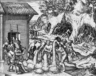 Mining for Minerals in Central and South America, engraving from Americae pars V, by Theodor de Bry