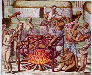 Scene of Cannibalism in Brazil. Indians devoured their enemies and prisoners. Engraving from 
