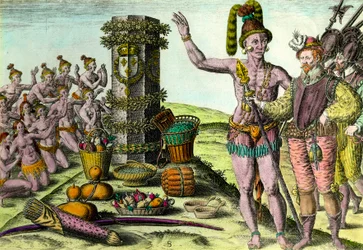 The Floridians came to the column erected by the French navigator Jean Ribault (1520-1565) of the first expedition to Florida. Engraving from History of America by Theodore De Bry (1528-1598)