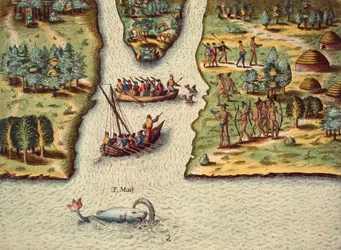 The Arrival of the French, Engraving by Theodore de Bry, from The Discourse of Florida