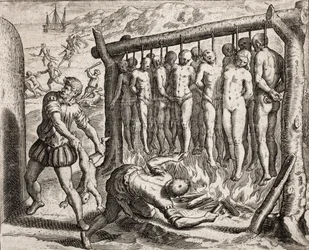 Thirteen hanged and burned victims, depiction of crimes inflicted on Indians by Spanish settlers, from ‘Narratio regionum indicarum per Hispanos quosdam devastatarum verissima’ by Bartolomé de las Casas