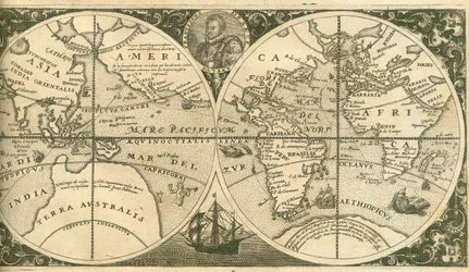 Title page of Americae Pars VIII with a portrait of Francis Drake and his ship, the Golden Hind