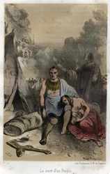 The massacre of the Hurons by the Iroquois in Canada in 1763 (Treaty of Paris). Engraving from 1845 in “The dramatic and picturesque history of the Jesuits from the foundation of the order to the present day” by Adolphe Boucher, drawing by Théophile