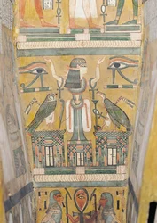 Interior of the coffin of Imenemipet depicting the wedjat eye and a woman with raised arms, 21st-22nd Dynasty