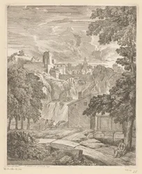 Arcadian Landscape with a Waterfall and a Woman under a Tree