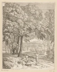 Arcadian Landscape with Two Men and a Basket-Carrying Woman