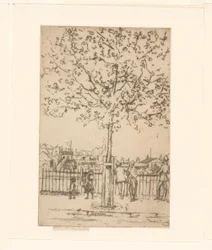 Six figures by a fence along a river, with a tree in the foreground
