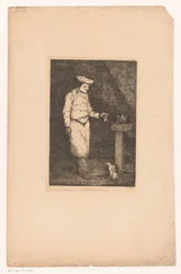 Dark Interior with a Cook Holding a Piece of Meat for a Cat