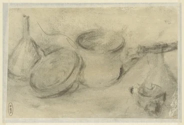 Sketch of a Still Life with Pans and a Bottle