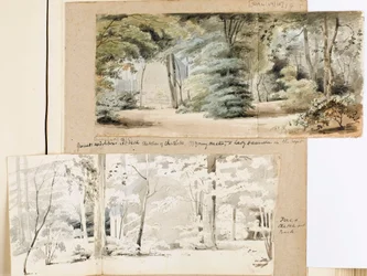 Part of the grounds at Merton with an arbour and trees
