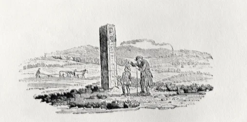 Man and a Boy by a Monument from 