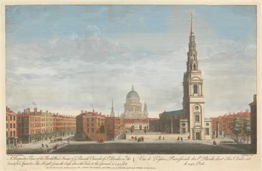 A Perspective View of the North West Front of the Parish Church of St. Brides, with the Beautiful Spire. The Height from the Cross above the Vane to the Ground is 242 feet